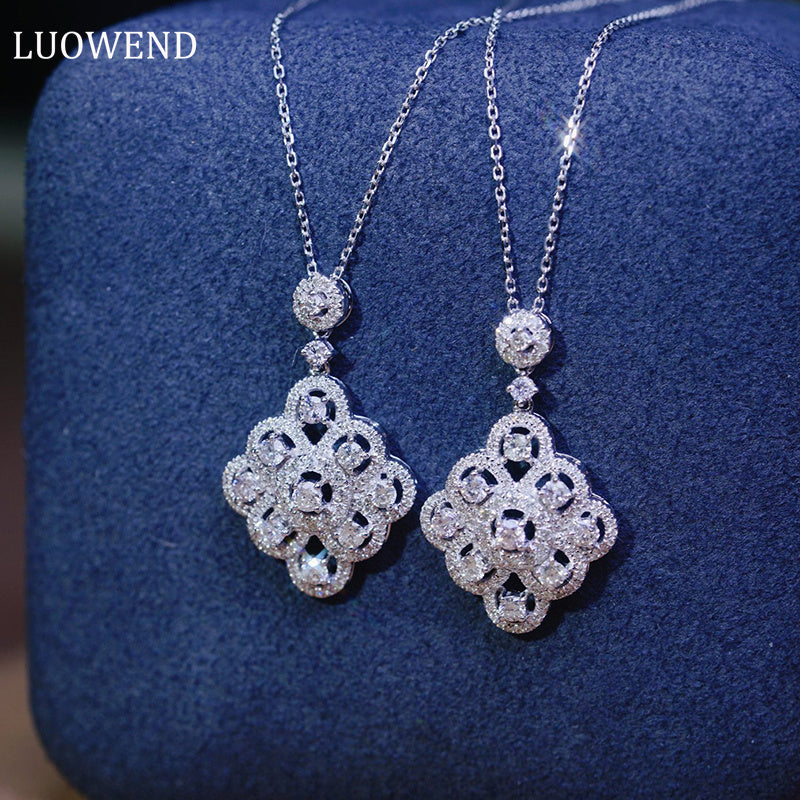 LUOWEND 18K White Gold Real Natural Diamond Pendant Necklace for Women