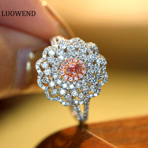 LUOWEND 18K White Gold Real Natural Pink Diamond Ring for Women
