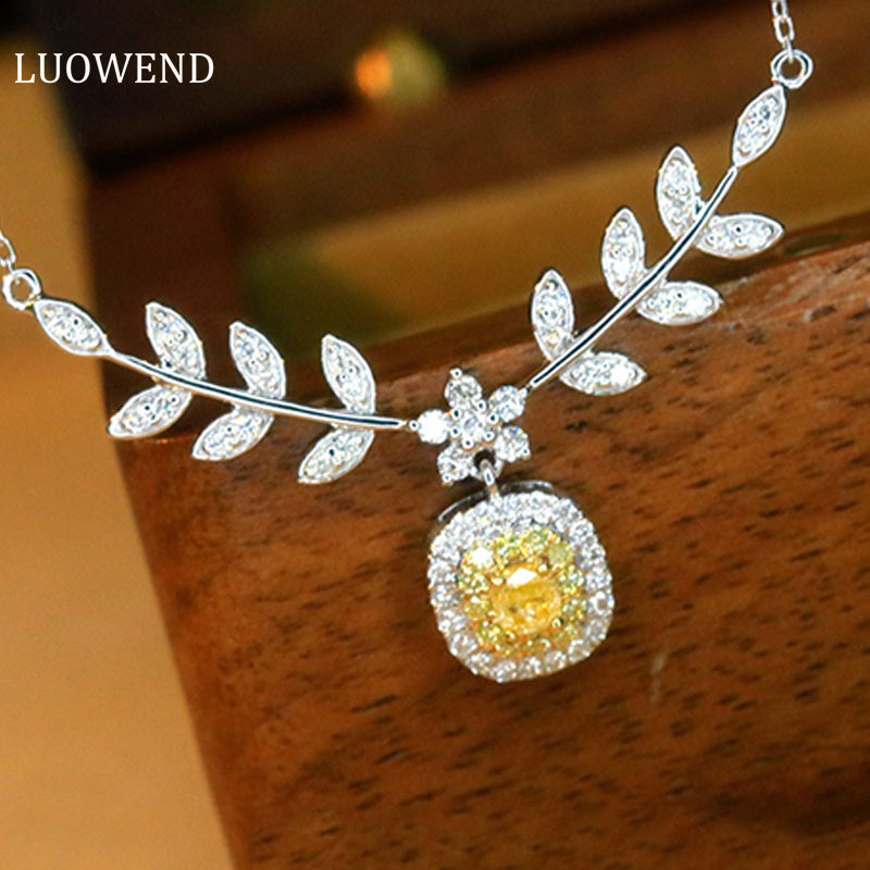 LUOWEND 18K White Gold Real Natural Yellow Diamond Pendant Necklace for Women