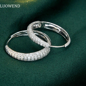 LUOWEND 18K White Gold Real Natural Diamond Hoop Earrings for Women