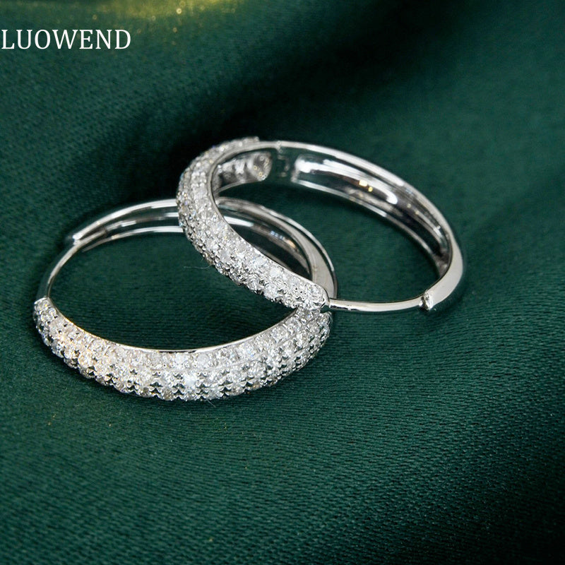 LUOWEND 18K White Gold Real Natural Diamond Hoop Earrings for Women