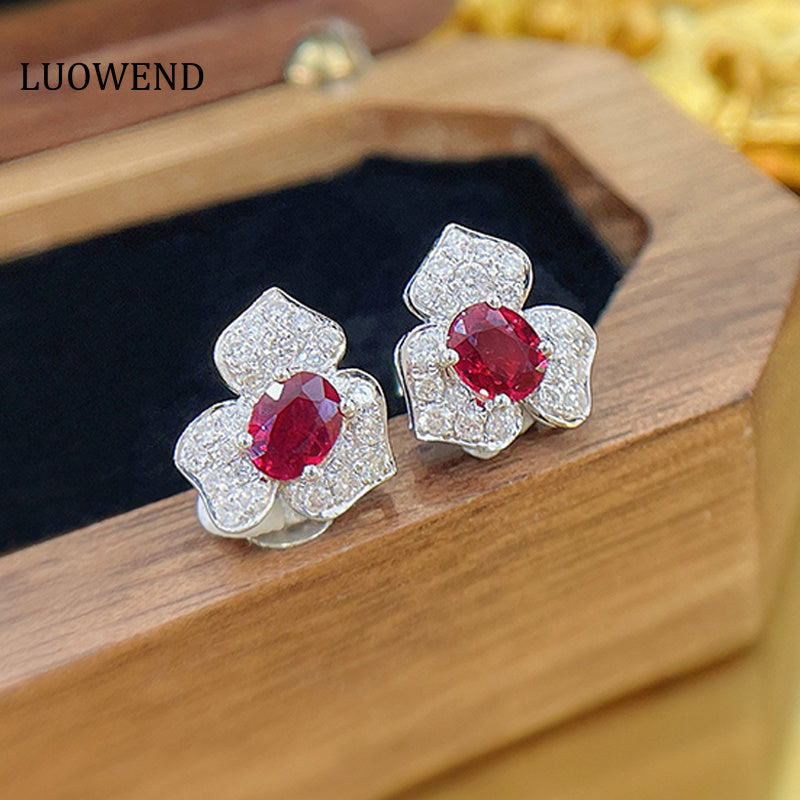 LUOWEND 18K White Gold Real Natural Ruby and Diamond Gemstone Earrings for Women