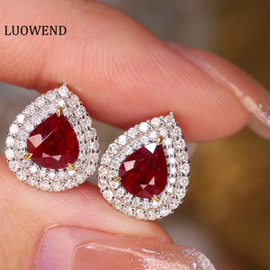 LUOWEND 18K White Gold Real Natural Ruby and Diamond Gemstone Earrings for Women