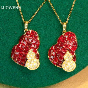 LUOWEND 18K Yellow Gold Real Natural Ruby and Diamond Gemstone Necklace for Women