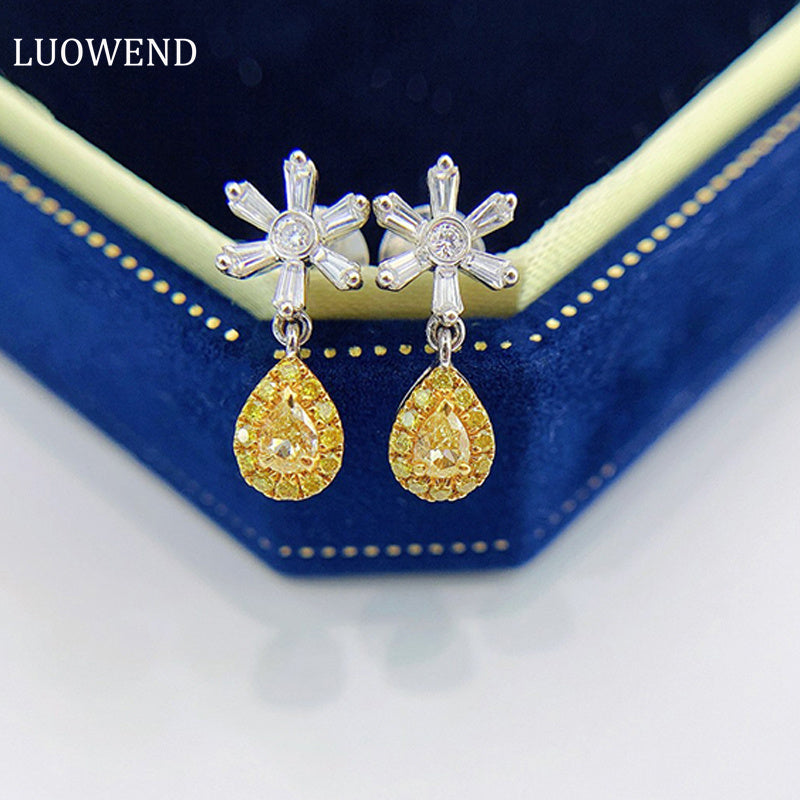 LUOWEND 18K White Gold Real Natural Yellow Diamond Drop Earrings for Women