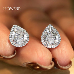 LUOWEND 18K White Gold Real Natural Diamond Stud Earrings for Women