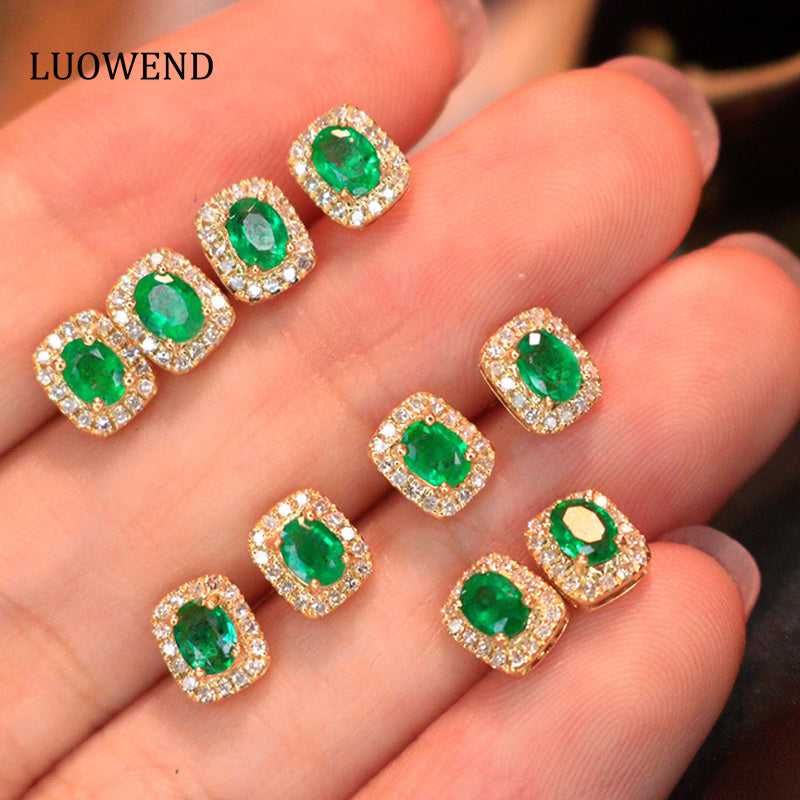 LUOWEND 18K Yellow Gold Natural Emerald and Diamond Stud Earrings for Women