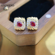 Load image into Gallery viewer, LUOWEND 18K Yellow Gold Real Natural Ruby and Diamond Gemstone Earrings for Women
