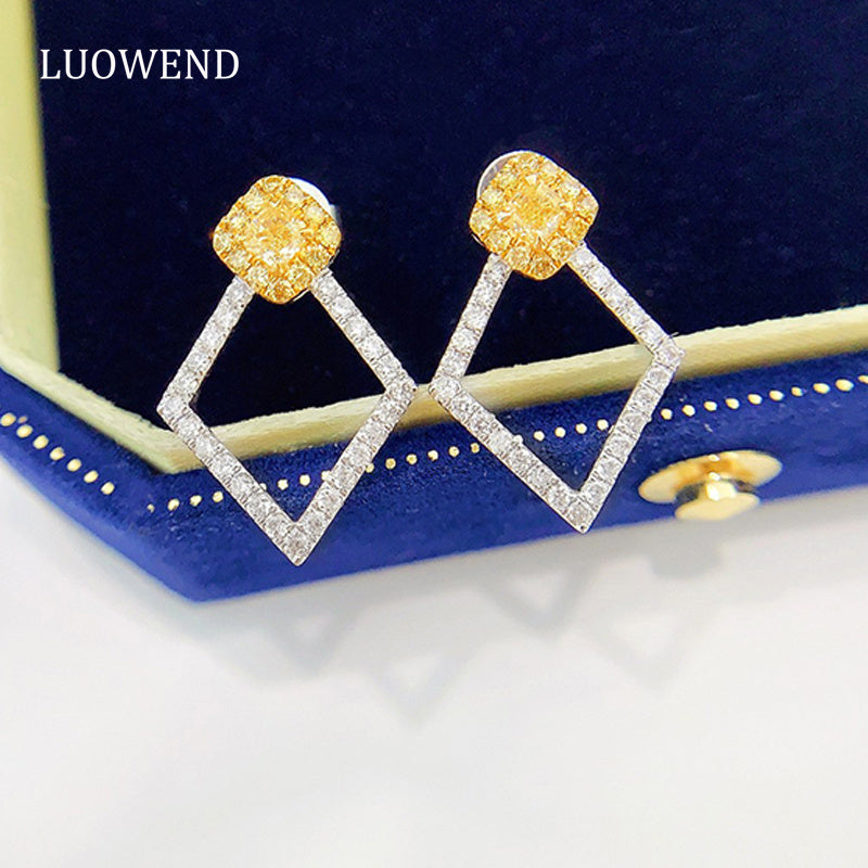 LUOWEND 18K White Gold Real Natural Yellow Diamond Stud Earrings for Women