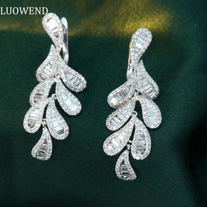 LUOWEND 18K White Gold Real Natural Diamond Drop Earrings for Women