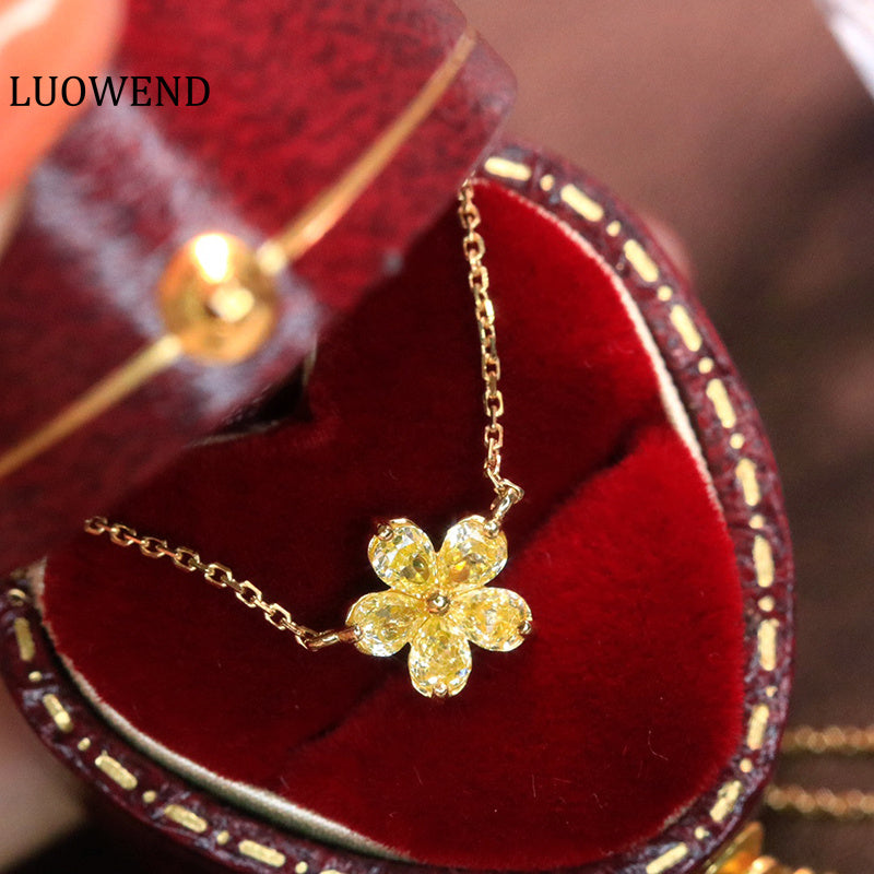LUOWEND 18K Yellow Gold Real Natural Yellow Diamond Pendant Necklace for Women