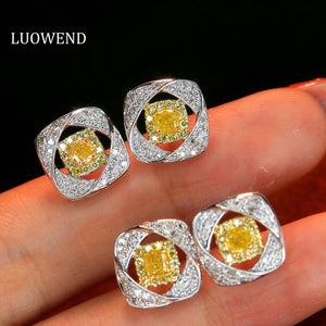 LUOWEND 18K White Gold Real Natural Yellow Diamond Stud Earrings for Women