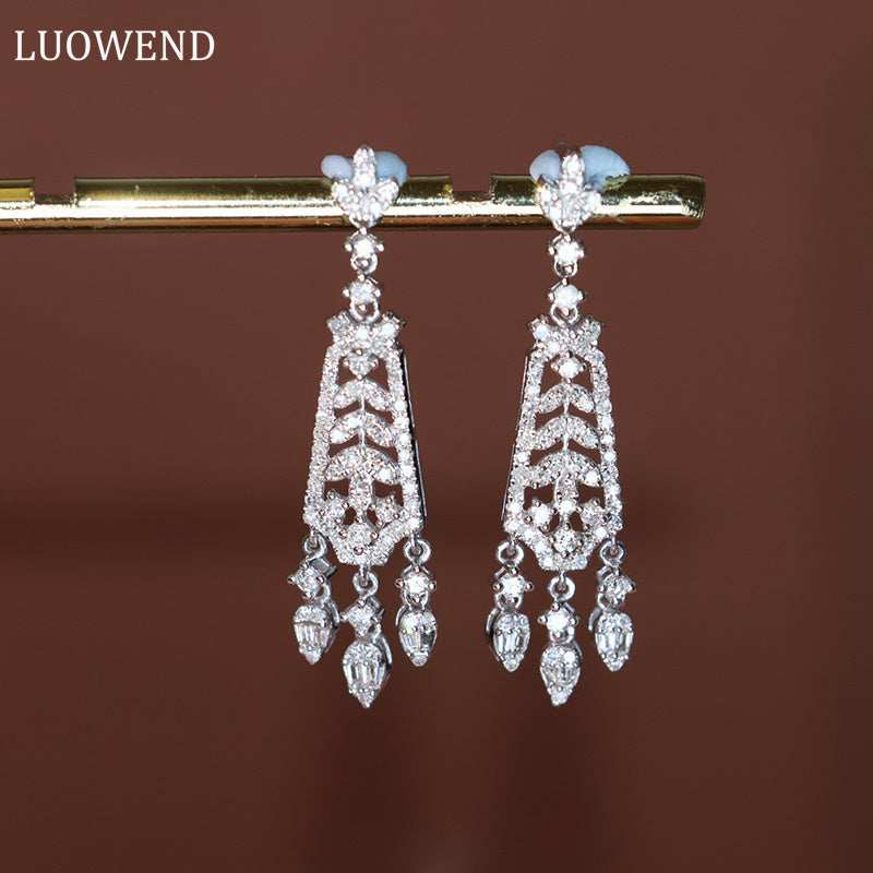LUOWEND 18K White Gold Real Natural Diamond Drop Earring for Women