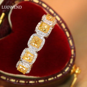 LUOWEND 18K White Gold Real Natural Yellow Diamond Ring for Women