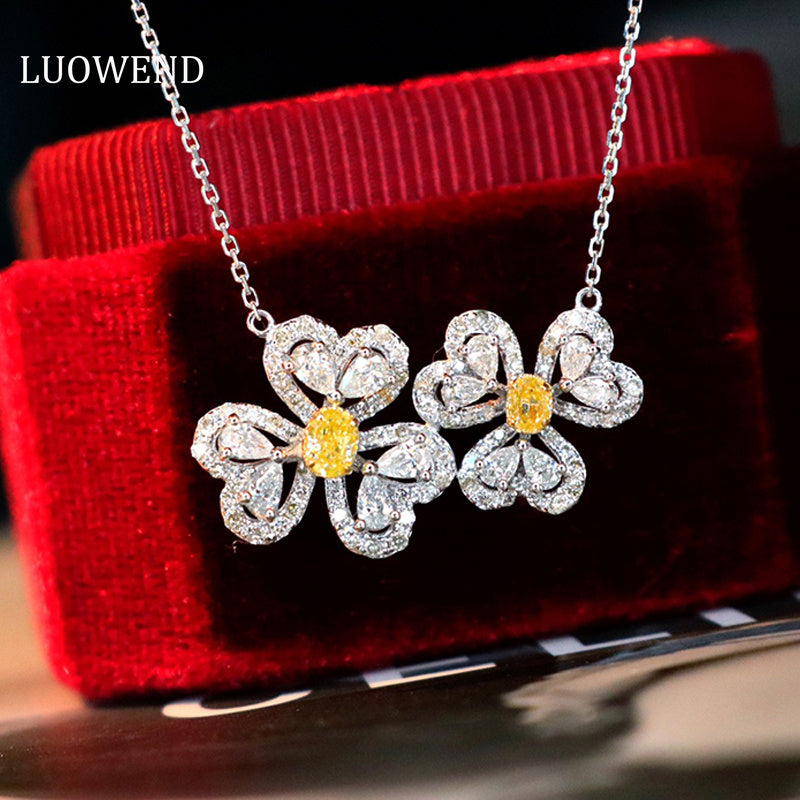 LUOWEND 18K White Gold Real Natural Yellow Diamond Pendant Necklace for Women