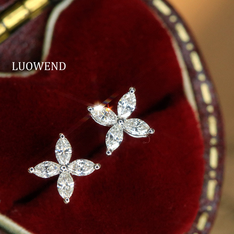 LUOWEND 18K White Gold Natural Diamond Earrings for Women