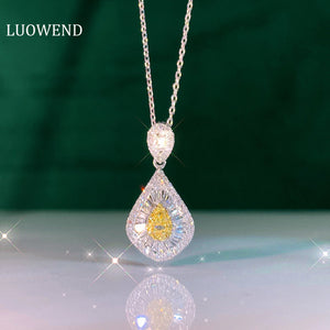 LUOWEND 18K White Gold Real Natural Yellow Diamond Pendant Necklace for Women