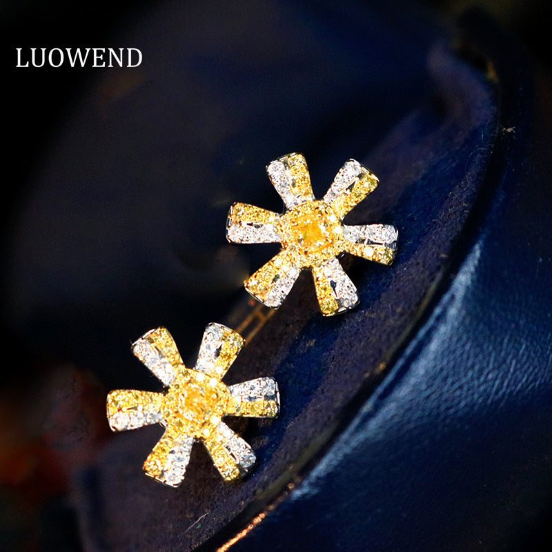 LUOWEND 18K White and Yellow Gold Real Natural Yellow Diamond Stud Earrings for Women