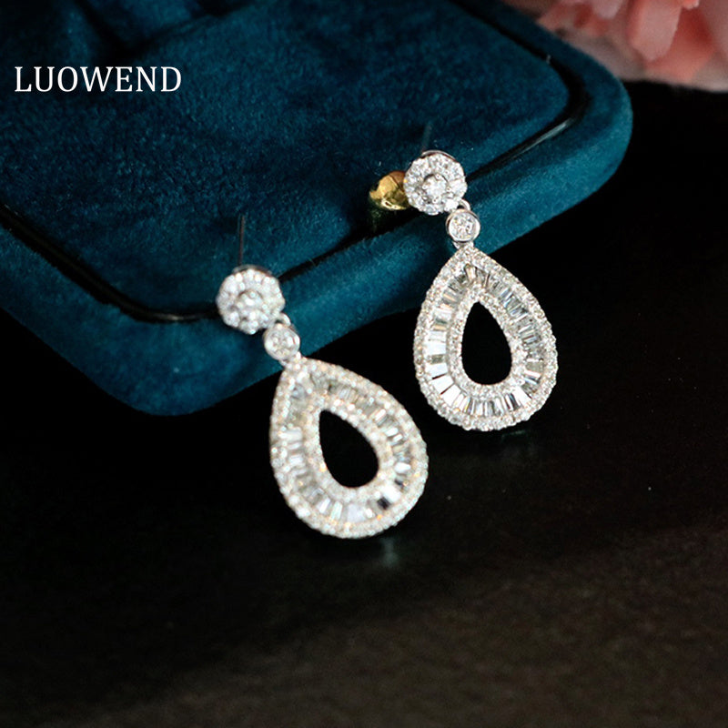 LUOWEND 18K White Gold Real Natural Diamond Drop Earrings for Women