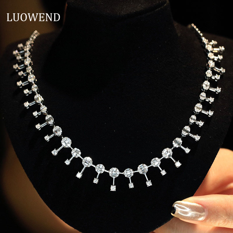 LUOWEND 18K White Gold Real Natural Diamond Necklace for Women
