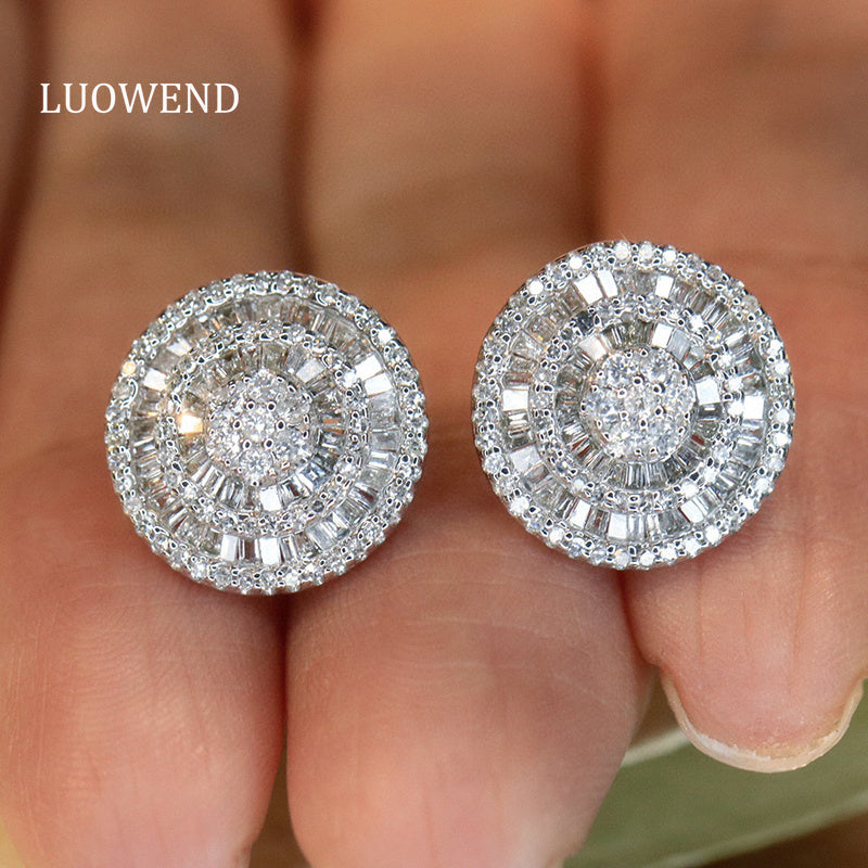 LUOWEND 18K White Gold Real Natural Diamond Stud Earrings for Women