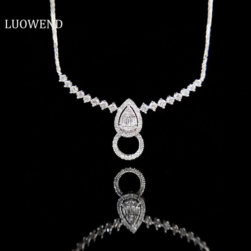 LUOWEND 18K White Gold Real Natural Diamond Necklace for Women