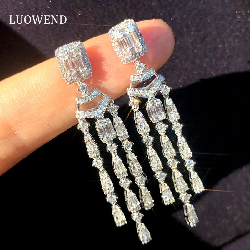 LUOWEND 18K White Gold Real Natural Diamond Drop Earrings for Women