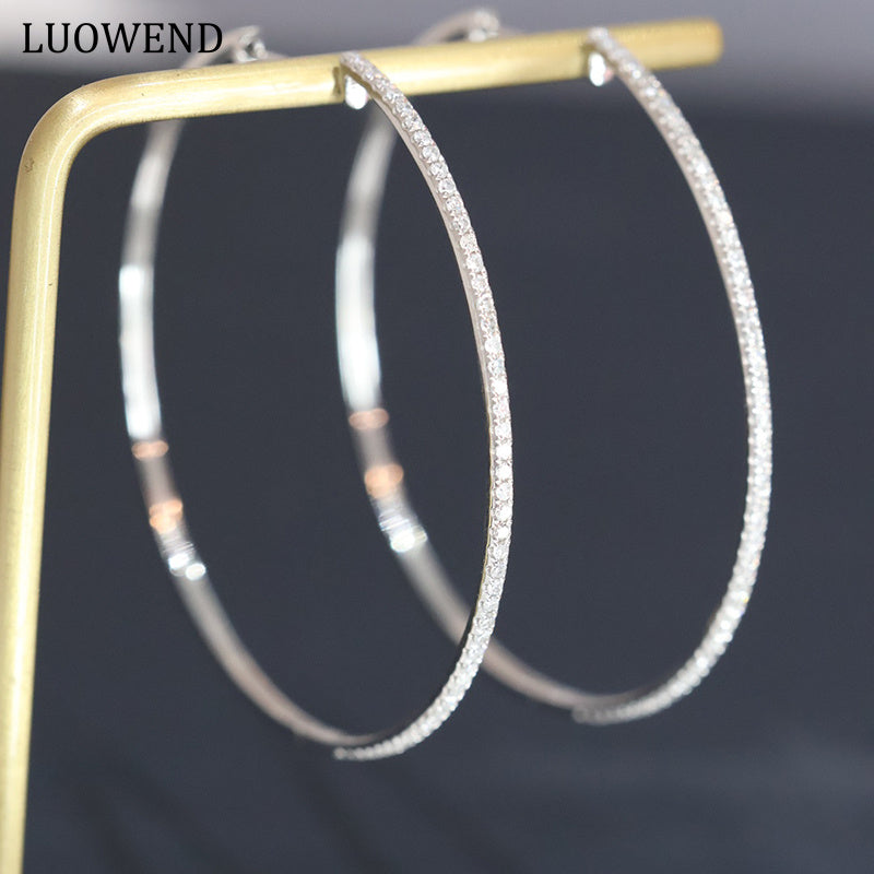 LUOWEND 18K White Gold Real Natural Diamond Hoop Earrings for Women