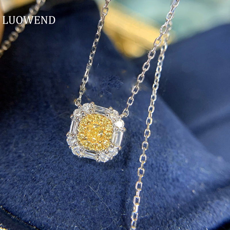 LUOWEND 18K White Gold Real Natural Yellow Diamond Pendant Necklace for Women
