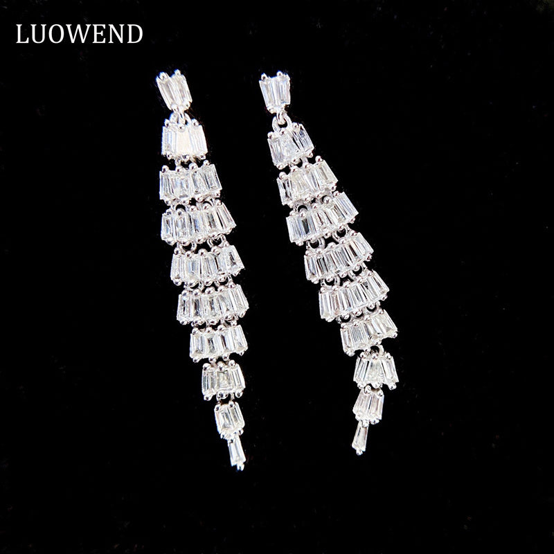 LUOWEND 18K White Gold Real Natural Diamond Drop Earrings for Women