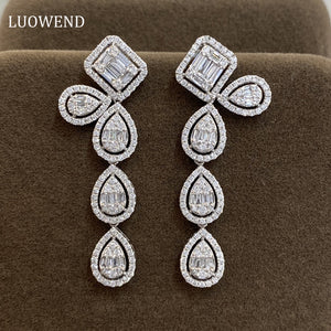 LUOWEND 18K White Gold Real Natural Diamond Drop Earrings for Women