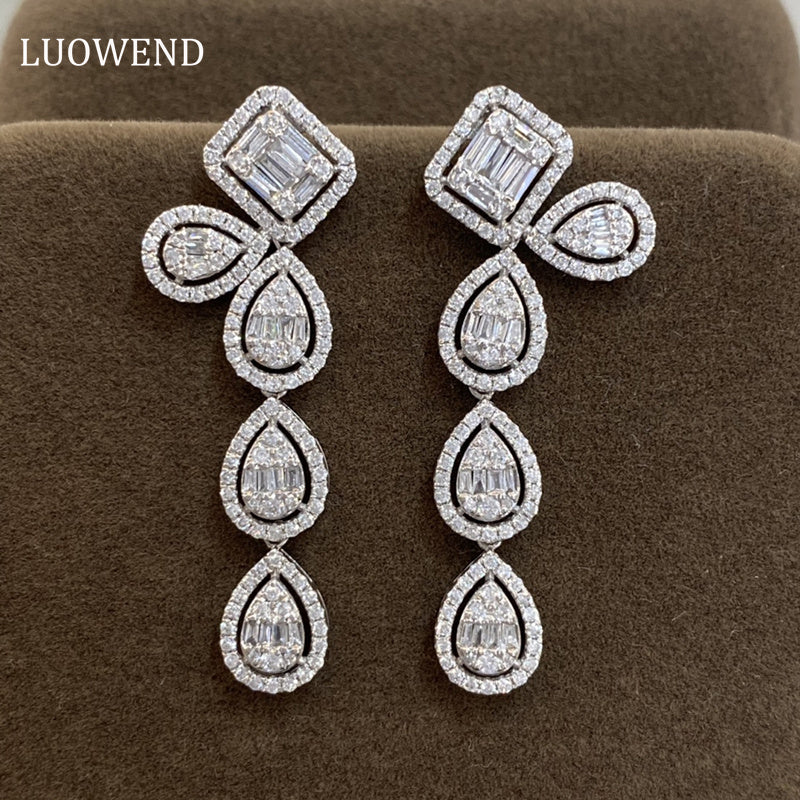LUOWEND 18K White Gold Real Natural Diamond Drop Earrings for Women