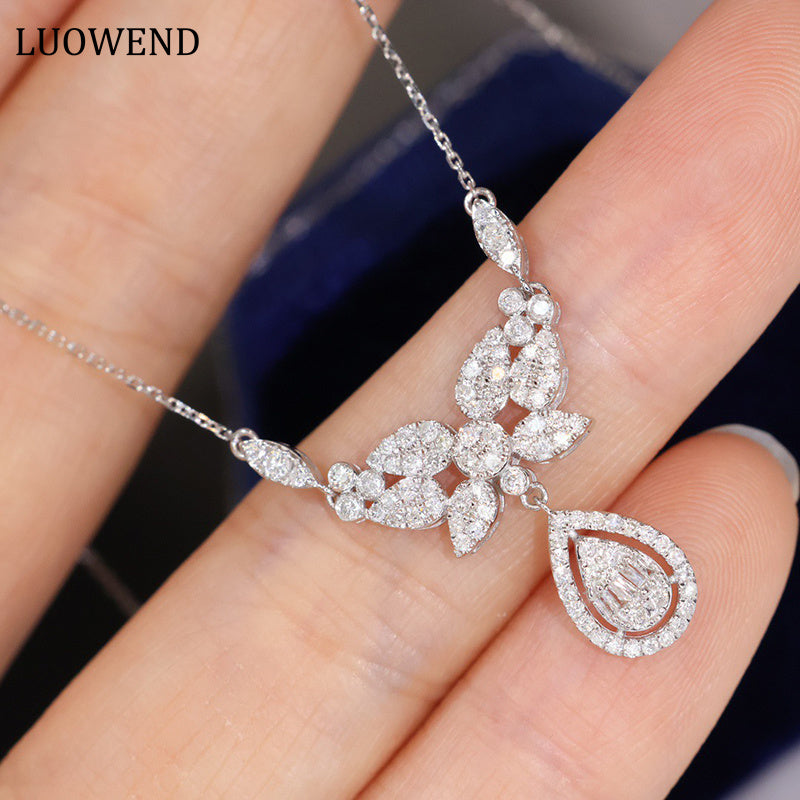 LUOWEND 18K White Gold Real Natural Diamond Pendant Necklace for Women