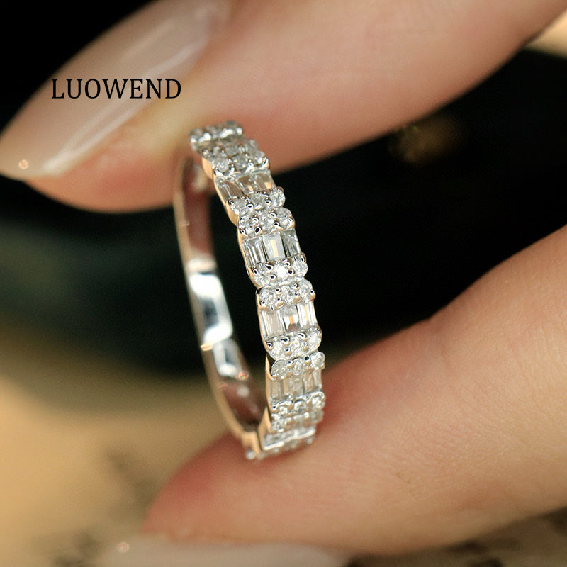 LUOWEND 18K White Gold Natural Diamond Ring for Women