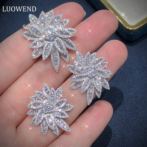 LUOWEND 18K White Gold Real Natural Diamond Stud Earring and Necklace for Women