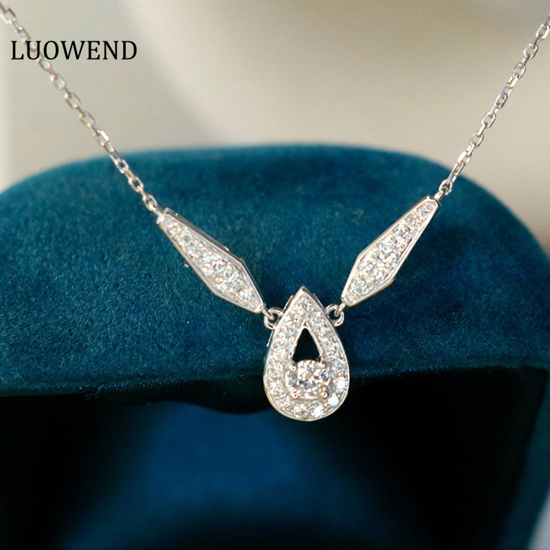 LUOWEND 18K White Gold Real Natural Diamond Pendant Necklace for Women
