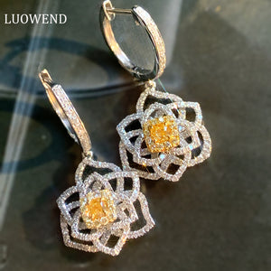 LUOWEND 18K White Gold Real Natural Yellow Diamond Hoop Earrings for Women