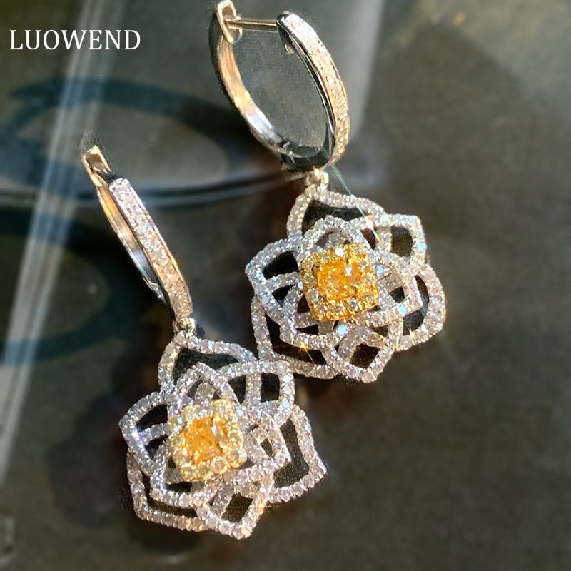 LUOWEND 18K White Gold Real Natural Yellow Diamond Hoop Earrings for Women