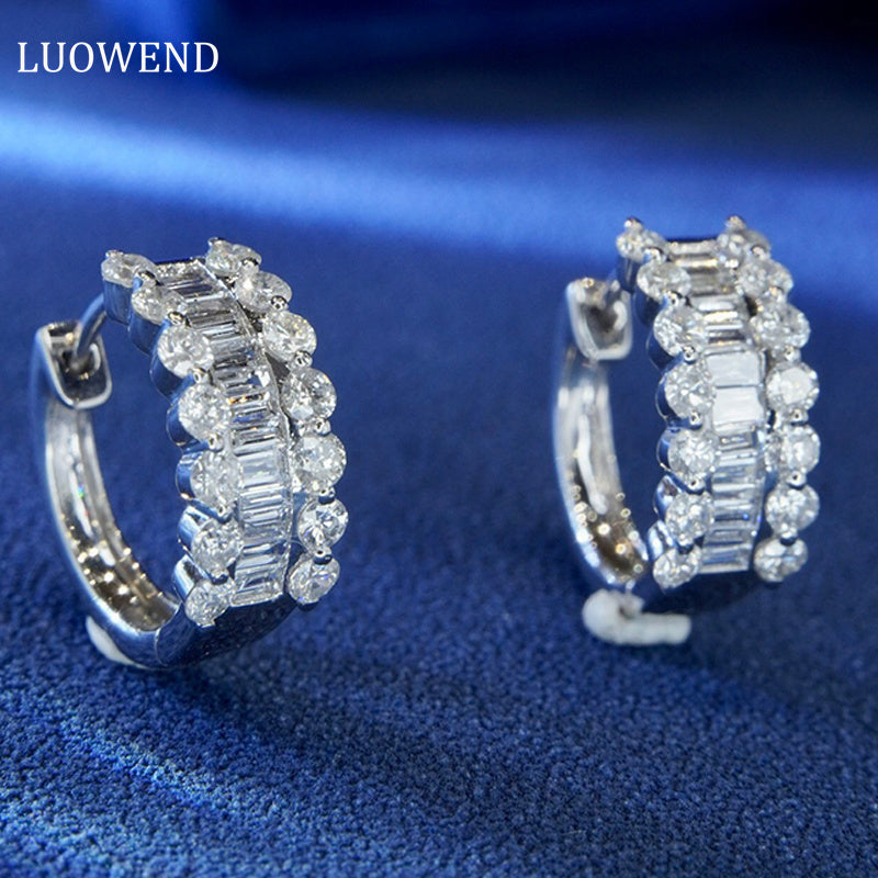 LUOWEND 18K White Gold Real Natural Diamond Hoop Earrings for Women