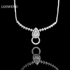 LUOWEND 18K White Gold Real Natural Diamond Necklace for Women