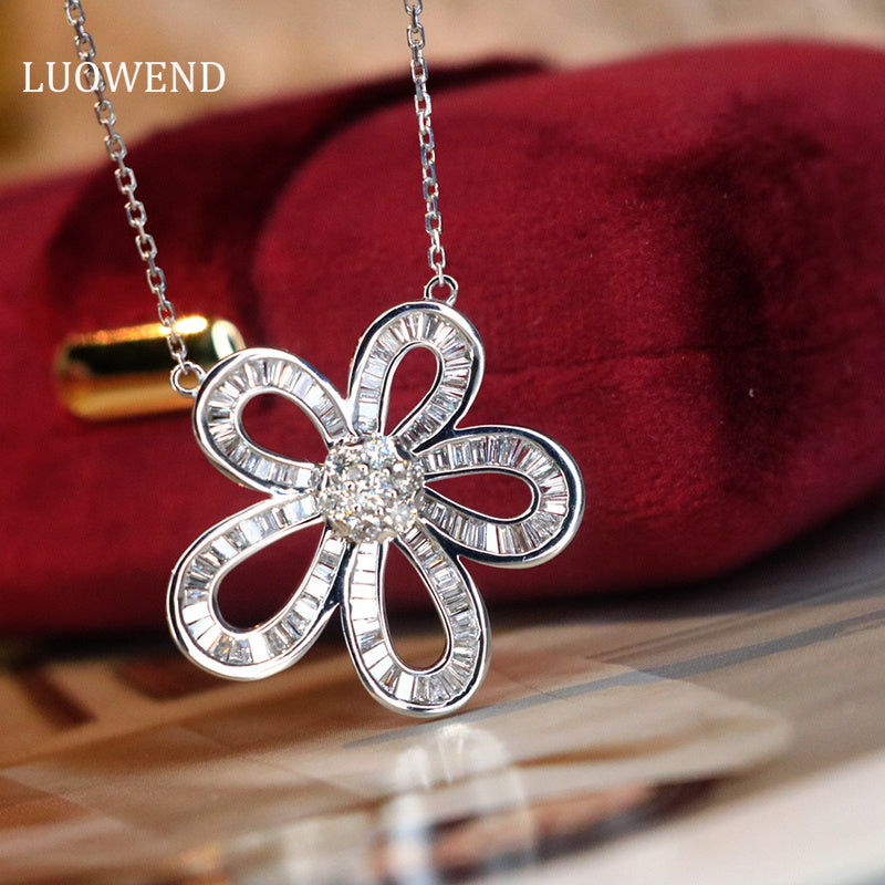 LUOWEND 18K White Gold Real Natural Diamond Pendant Necklace for Women