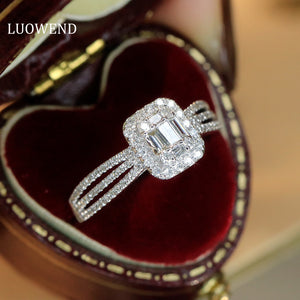 LUOWEND 18K White Gold Real Natural Diamond Ring for Women
