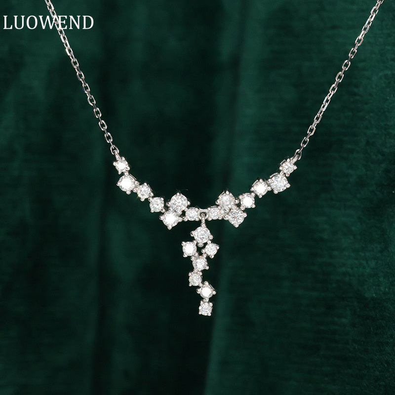 LUOWEND 18K White Gold Real Natural Diamond Pendant Necklace for Women