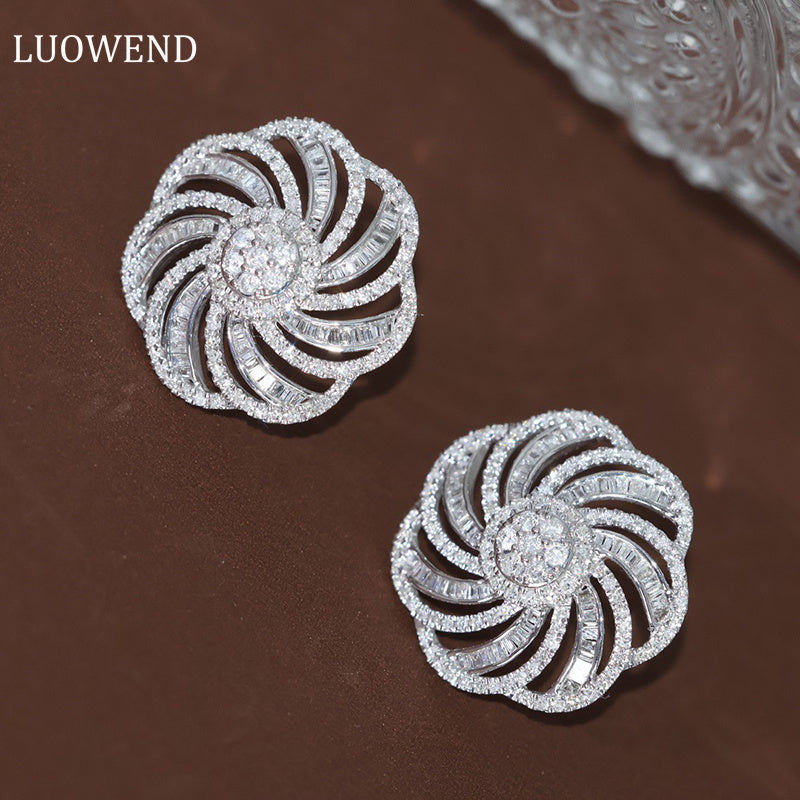 LUOWEND 18K White Gold Real Natural Diamond Stud Earrings for Women