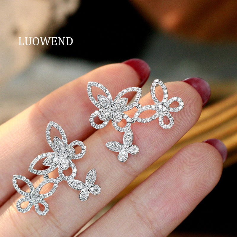 LUOWEND 18K White Gold Natural Diamond Stud Earrings for Women