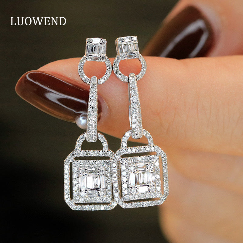 LUOWEND 18K White Gold Real Natural Diamond Drop Earrings for Women