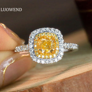 LUOWEND 18K White Gold Real Natural Yellow Diamond Ring for Women