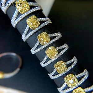 LUOWEND 18K White Gold Real Natural Yellow Diamond Ring for Women