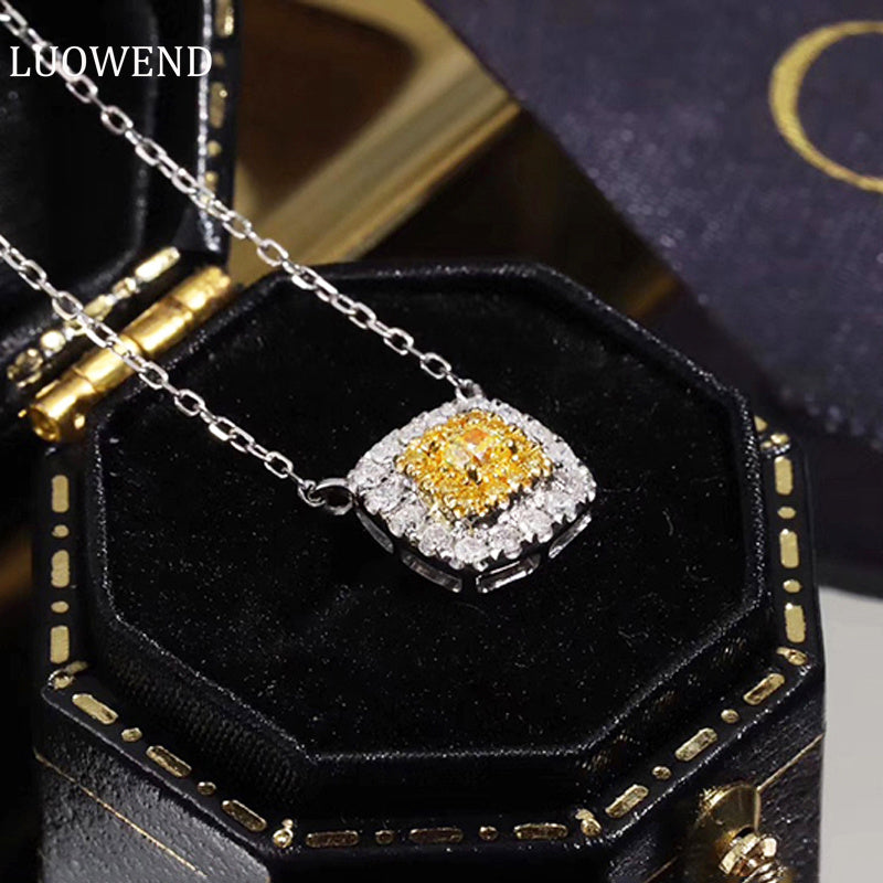 LUOWEND 18K White Gold Real Natural Yellow Diamond Pendant Necklace for Women