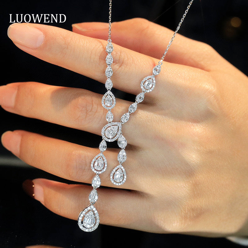 LUOWEND 18K White Gold Real Natural Diamond Necklace for Women